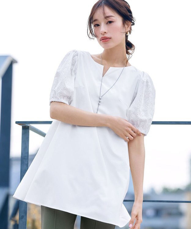 Tiaclasse 【2TYPE/総レース・袖レース】パンチングレースパフスリーブチュニックブラウス Bオフホワイト(袖のみレース）