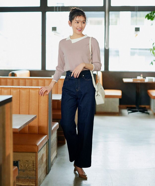 Tiaclasse 【洗える】配色衿ビジュー付きニットトップス ピンク×オフホワイト