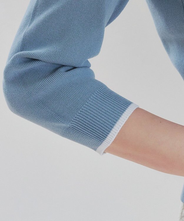 Tiaclasse 【洗える】配色衿ビジュー付きニットトップス ブルー×オフホワイト