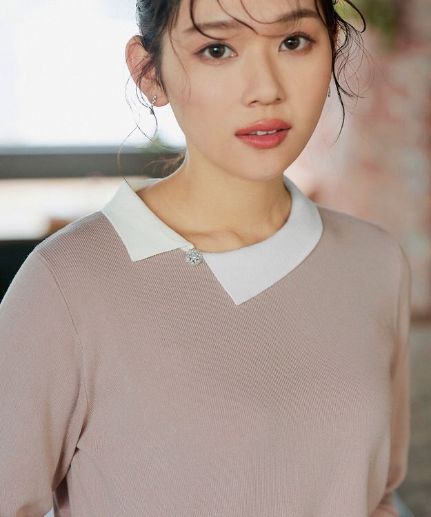 Tiaclasse 【洗える】配色衿ビジュー付きニットトップス ピンク×オフホワイト