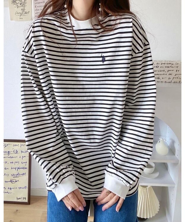 WEGO USPOLOだぼそでカラーロンT ホワイトボーダー