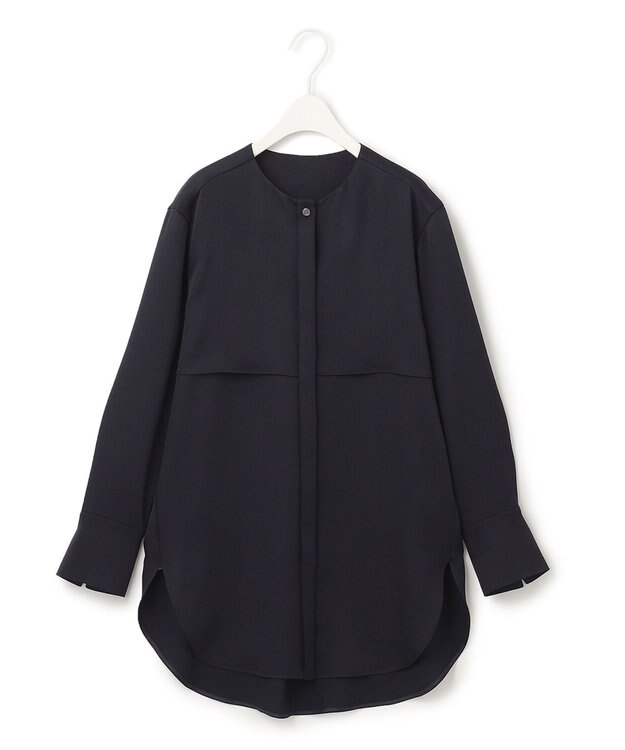 ICB 【洗える】 サテンクレープ ノーカラーブラウス ネイビー系