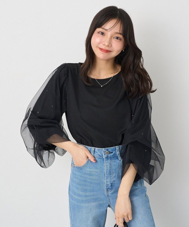 earth music&ecology キラキラストーンパールチュールスリーブプルオーバー Black