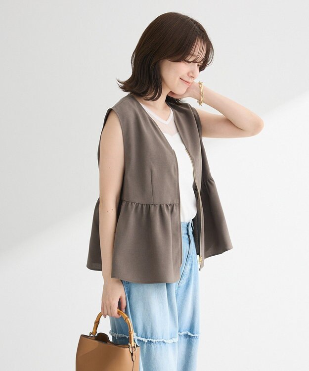 Green Parks 麻調ペプラムｚｉｐベスト Brown