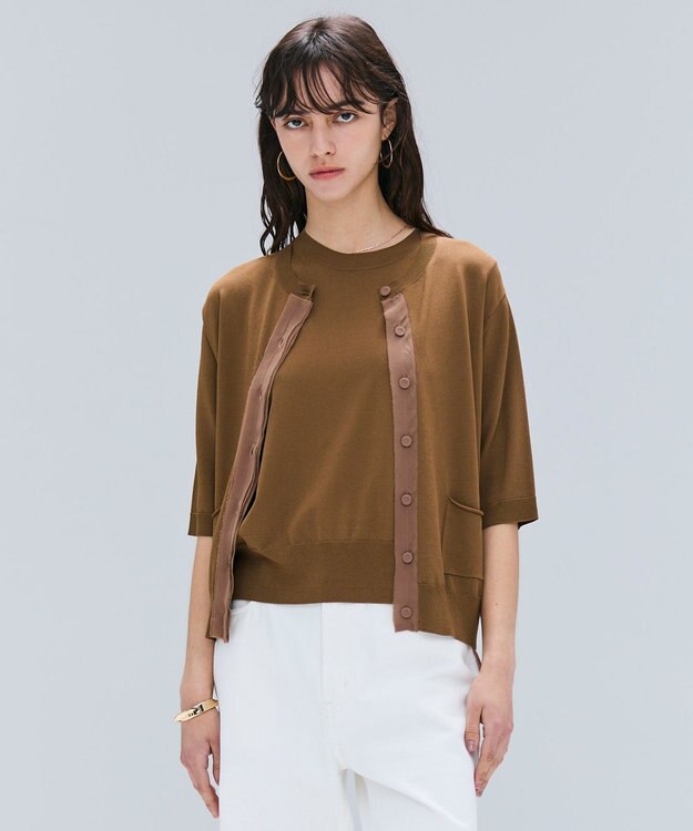 BEIGE， 【洗える】VALOIS / ジョーゼットトリム半袖カーディガン Brown