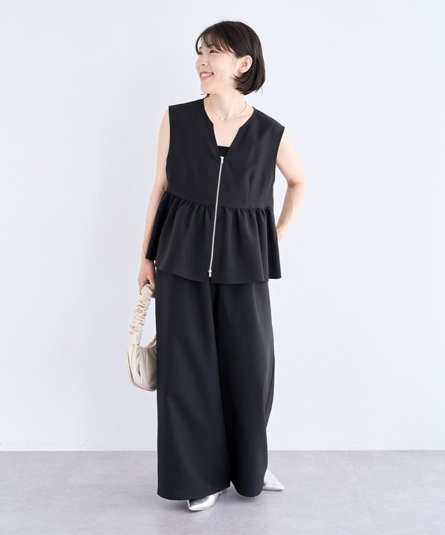 Green Parks 麻調ペプラムｚｉｐベスト Black