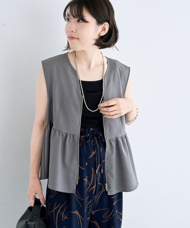 Green Parks 麻調ペプラムｚｉｐベスト Gray Mixture