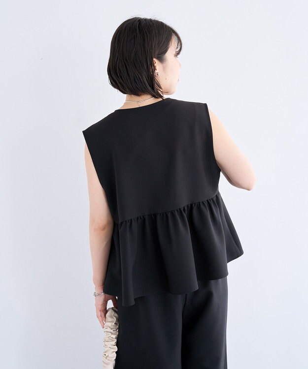 Green Parks 麻調ペプラムｚｉｐベスト Black