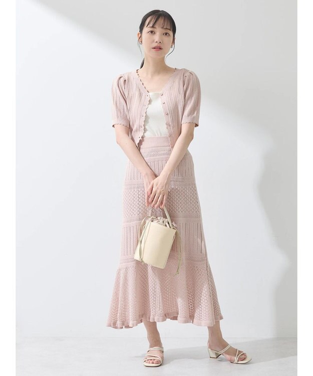 earth music&ecology ２点ＳＥＴ透かし編みカーディガン＋裾フレアスカート Pink