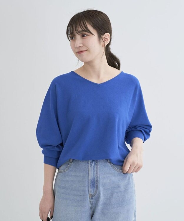 Green Parks 洗える　Ｖネックドルマンニットプルオーバー Blue
