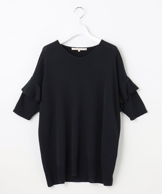 自由区 L 【洗える】ハイツイストコットンアセテート フリルデザインニット ネイビー系