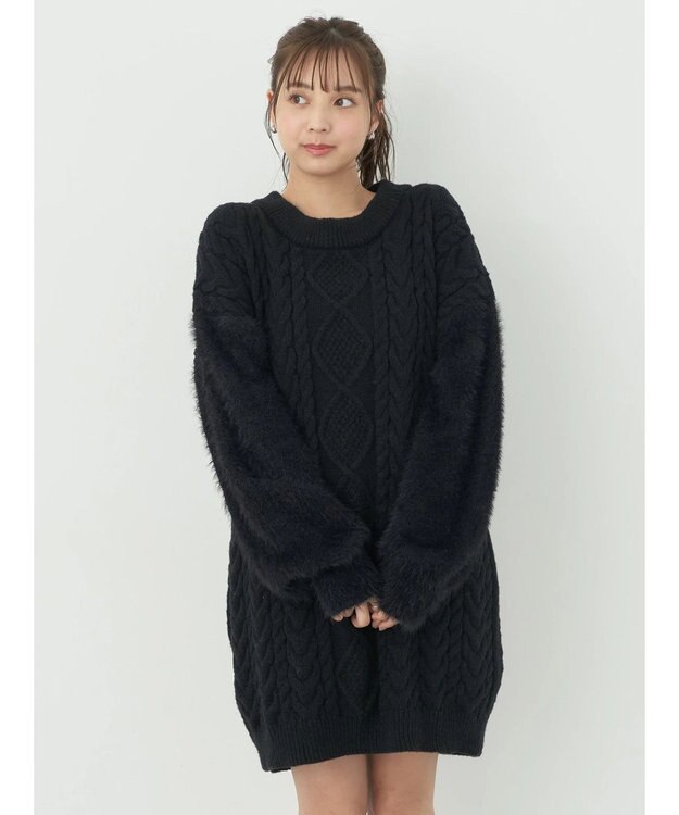 earth music&ecology 袖ファーケーブルミニワンピース Black