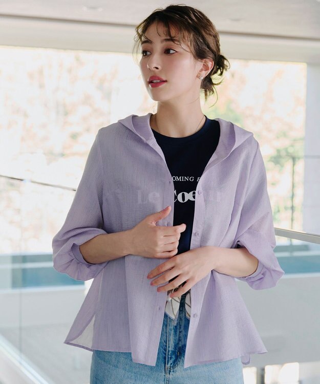 Tiaclasse L 【洗える】シアーパーカーカーディガン ラベンダー