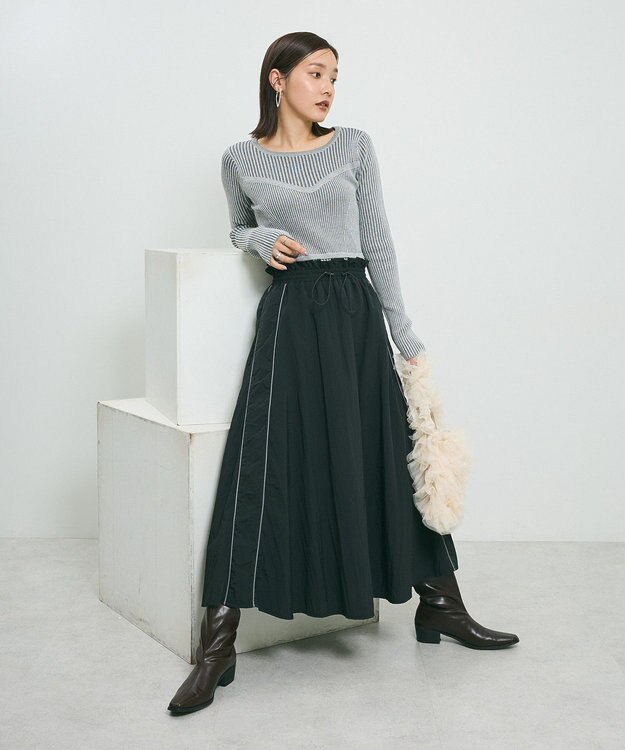 Green Parks ナイロンラインフレアスカート Black