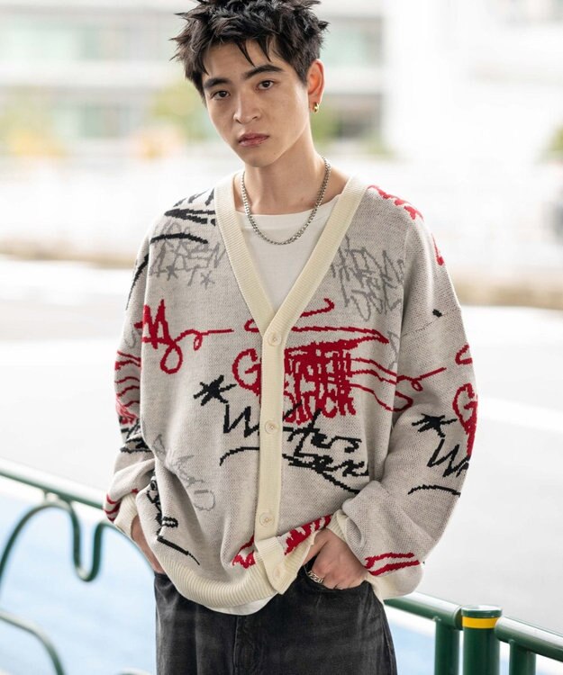 WEGO リラックスフィットパターンカーディガン ホワイト