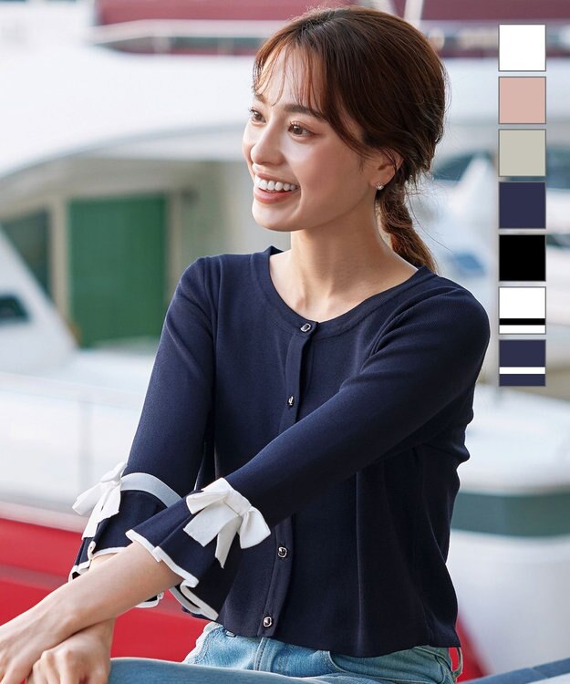 Tiaclasse L 【洗える】袖口フレアリボンニットカーディガン ネイビー×オフホワイト