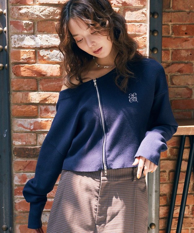 earth music&ecology ダブルジップロゴニットプルオーバー Navy