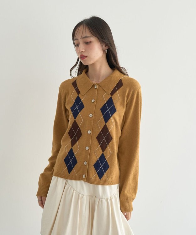 earth music&ecology 【予約】襟付きアーガイルニットカーディガン キャメル