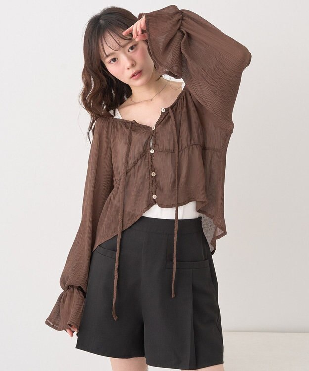 earth music&ecology ナローリボンくしゅくしゅギャザーブラウス Brown