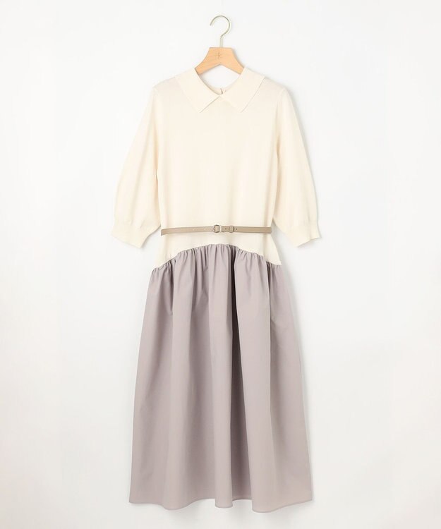 組曲 襟付きドッキング ニットワンピース ベージュ系