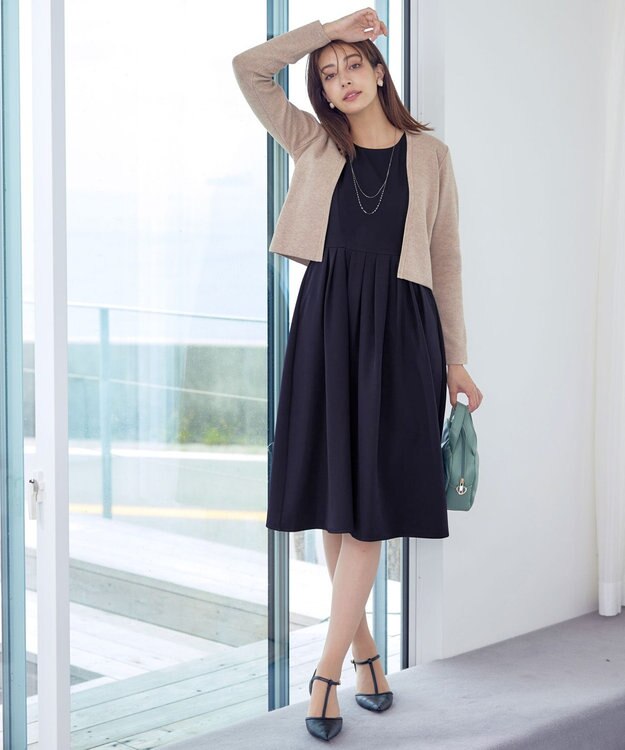 Tiaclasse 【洗える】タックフレアワンピース ネイビー