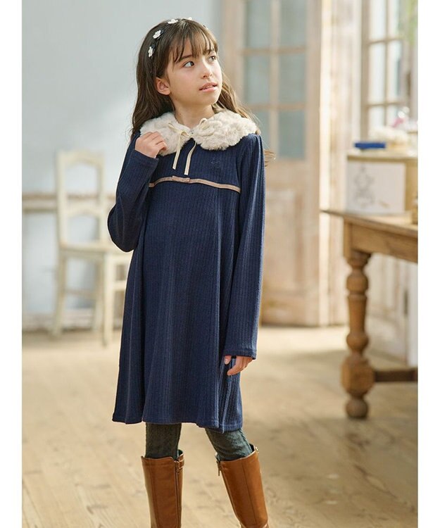 組曲 KIDS 【110-140㎝】バイカラーニットソー ワンピース ネイビー系