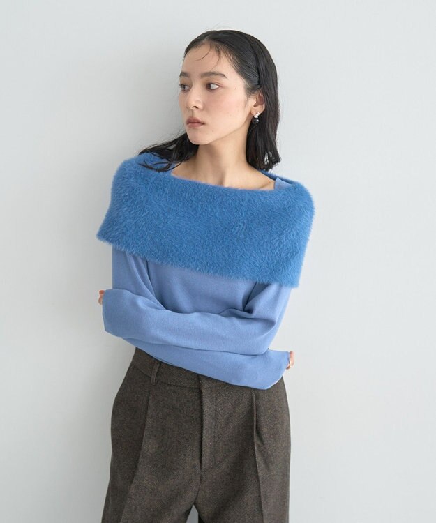 YECCA VECCA ファーMIXオフショルニット Blue