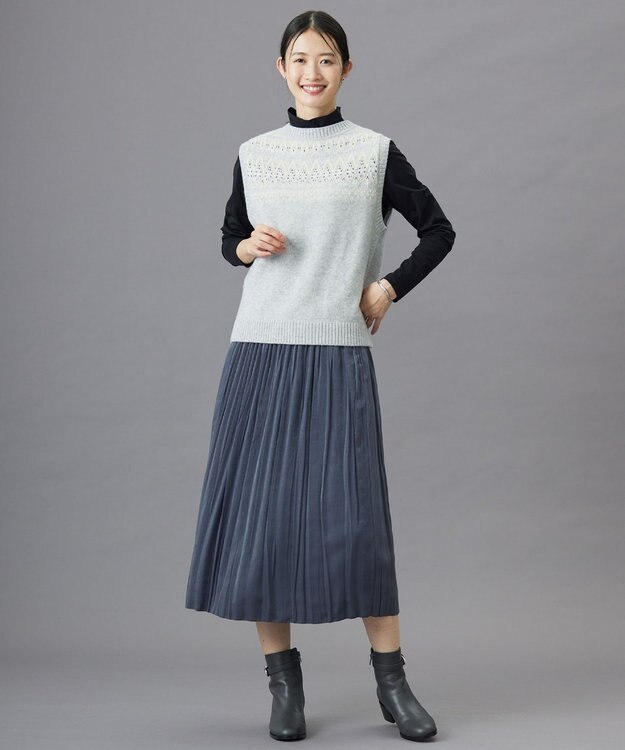 J.PRESS LADIES L 【洗える】マロンサテン ランダムプリーツ スカート グレー系