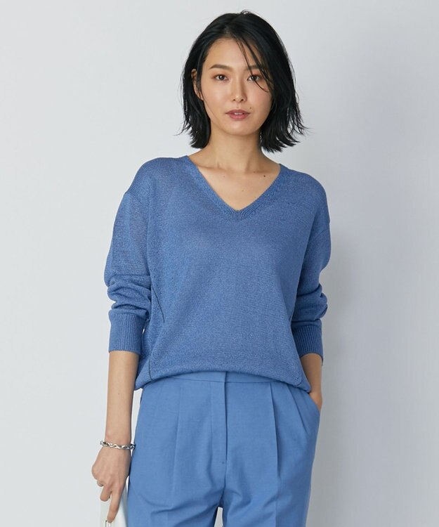 ICB 【WEB限定カラーあり・洗える】ペーパーブレンドシャインニット Vネックプルオーバー スマルトブルー系
