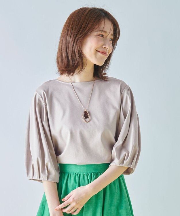 ANY 【WEB限定・接触冷感】シルケットスムース ギャザーパフスリーブトップス グレージュ