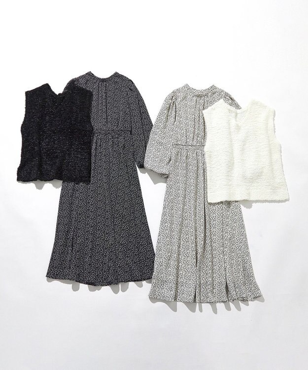 ANY SIS L 【洗える】フラワープリントワンピース × ニットベスト セット ブラック系