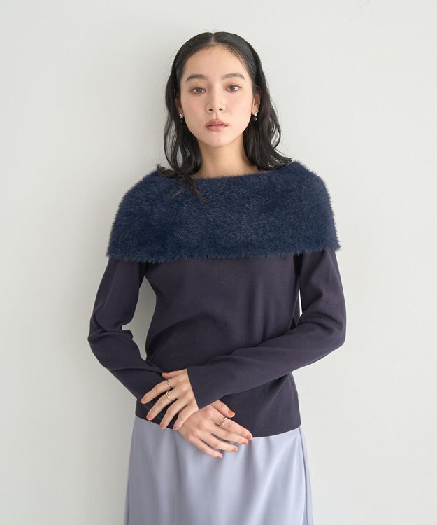 YECCA VECCA ファーMIXオフショルニット Navy