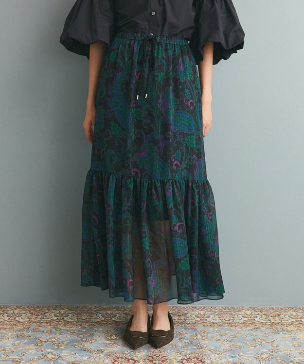 GRACE CONTINENTAL ラメストライププリントスカート ブラック