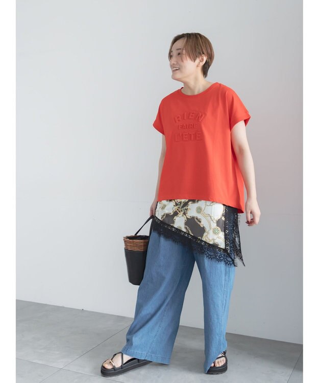 Te chichi 【接触冷感】エンボスロゴフレンチスリーブTシャツ レッド