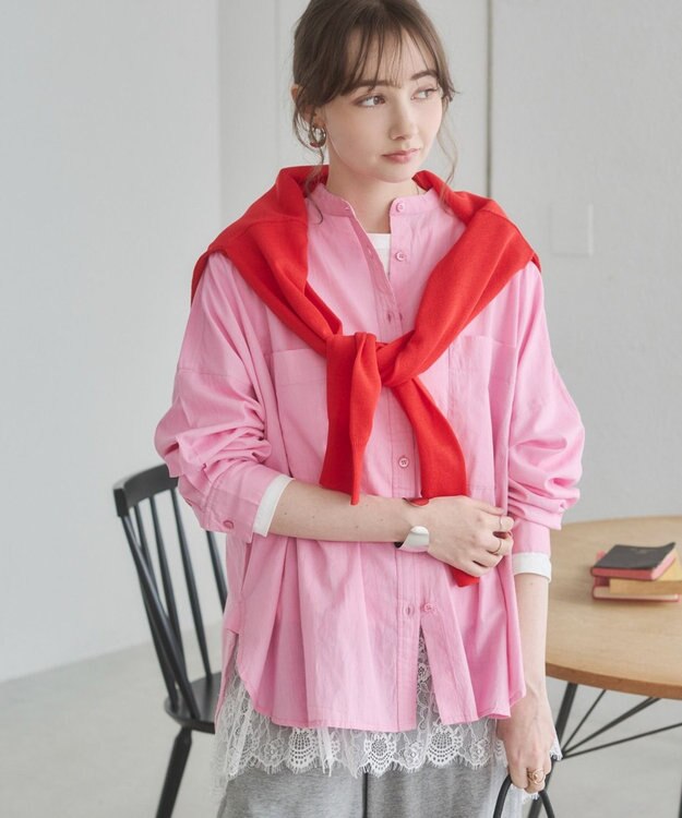 WEGO 着丈が選べる オーバーサイズ バンドカラー シャツ / ストライプ / 無地 ライトピンク