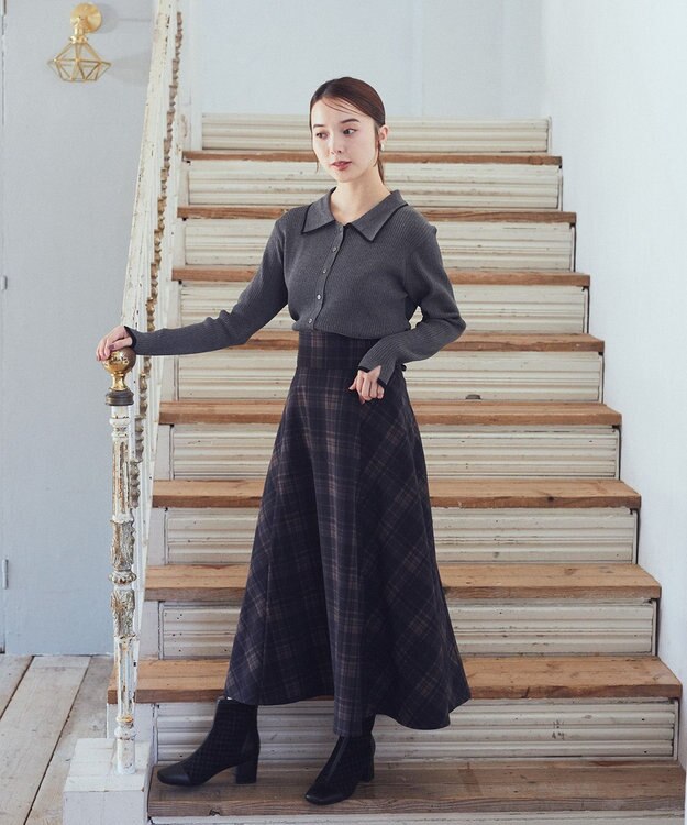 earth music&ecology バイカラートリムニットカーディガン Charcoal Gray