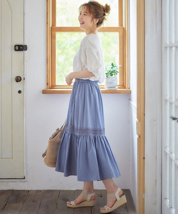 ANY SIS 【洗える】レースポイントティアード スカート スモーキーブルー