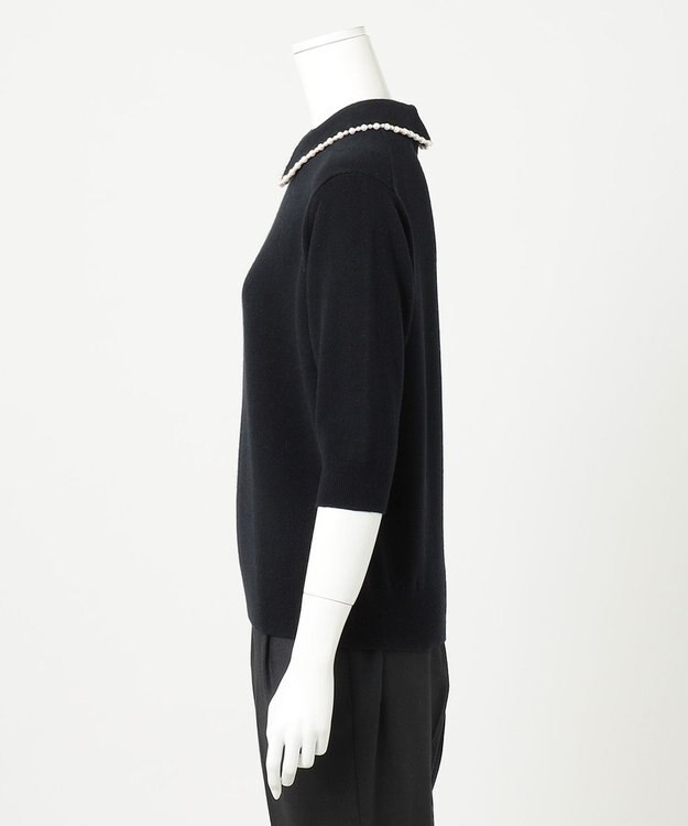 23区 【R(アール)】ウールカシミヤ パールトリム 襟付き五分袖ニット ブラック系