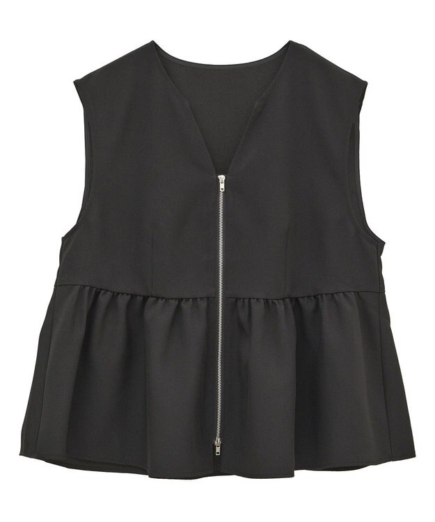 Green Parks 麻調ペプラムｚｉｐベスト Black