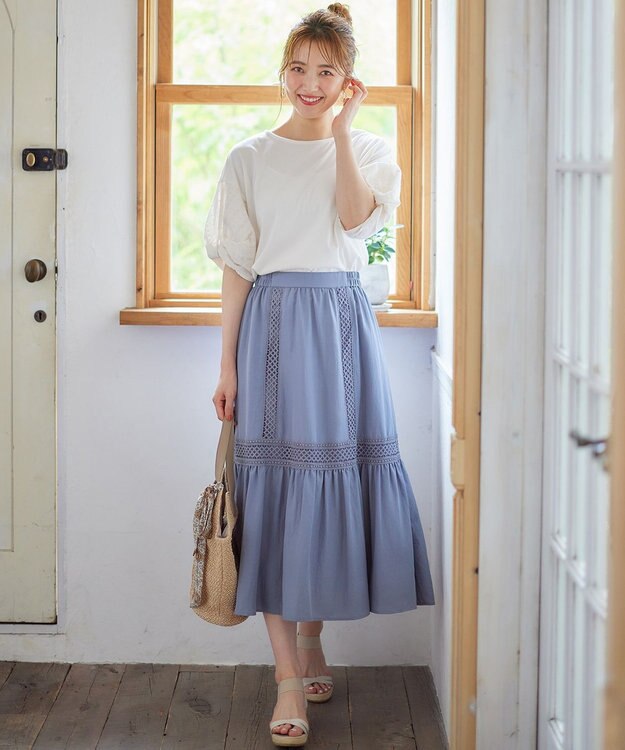 ANY SIS 【洗える】レースポイントティアード スカート スモーキーブルー
