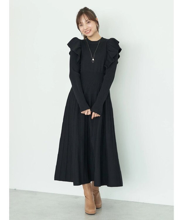 earth music&ecology ショルダーフリルニットワンピース Black