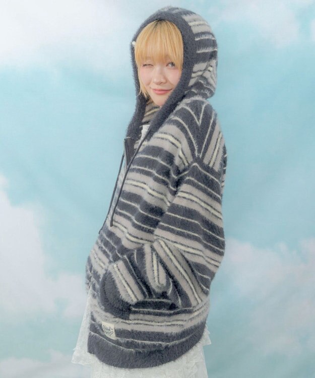 WEGO 【ユニセックス着用ITEM】シャギーボーダーニットパーカー ネイビー