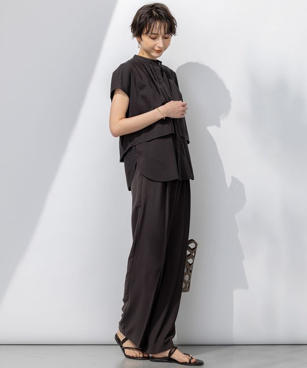 23区 【接触冷感/UVカット/吸水速乾】ストレッチジョーゼット ワイド パンツ ダークブラウン系