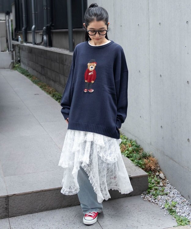 WEGO 【ユニセックス着用ITEM/MLサイズ展開】ジャガードアニマルプルオーバー ネイビー