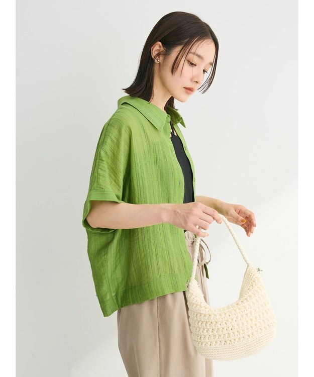 Green Parks シアーストライプショート丈シャツ Green