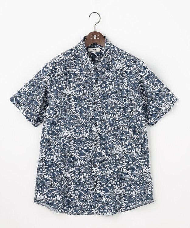 JOSEPH ABBOUD 【キングサイズ・清涼・JAPANファブリック】ビッグリーフサッカープリント 半袖シャツ ネイビー系6