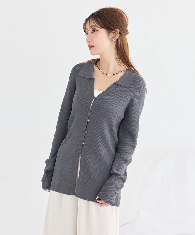 earth music&ecology スキッパー衿リブカーディガン Charcoal Gray