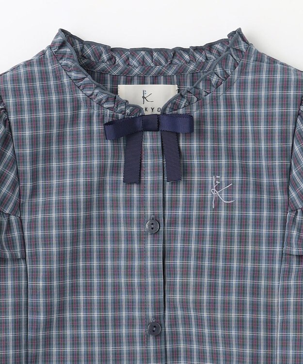 組曲 KIDS 【110-140㎝】チェックラッフル ブラウス ブルーグレー系3