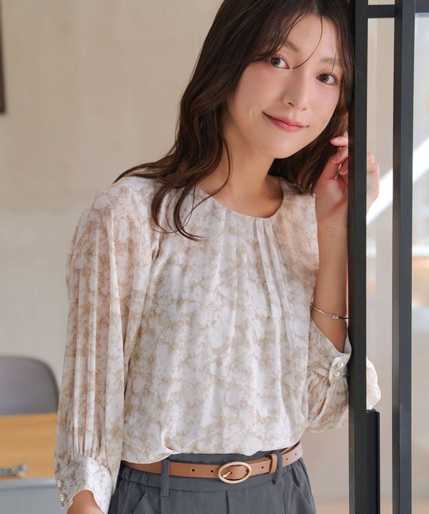 Tiaclasse L 水彩花柄シフォンブラウス ベージュ