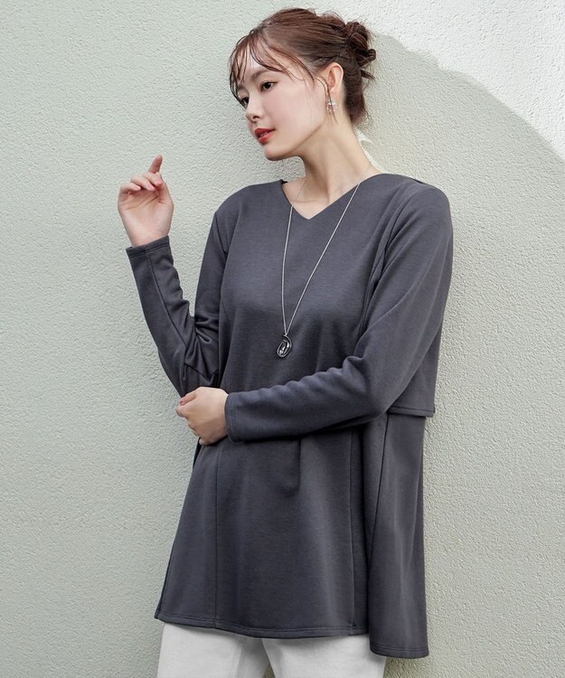 Tiaclasse L 【洗える】バックフレア裏毛チュニック チャコールグレー